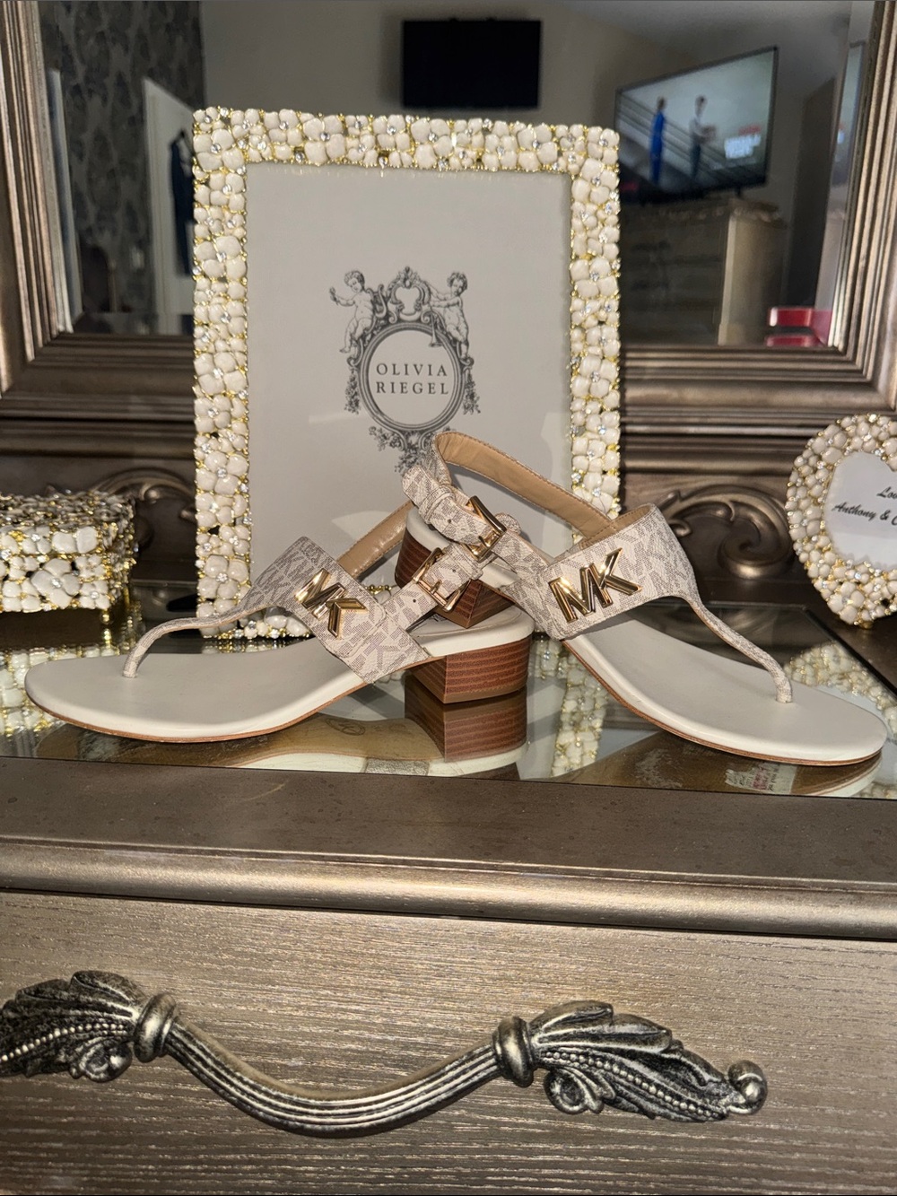 Michael Kors Cream Logo Thong Sandals with Gold MK Accent